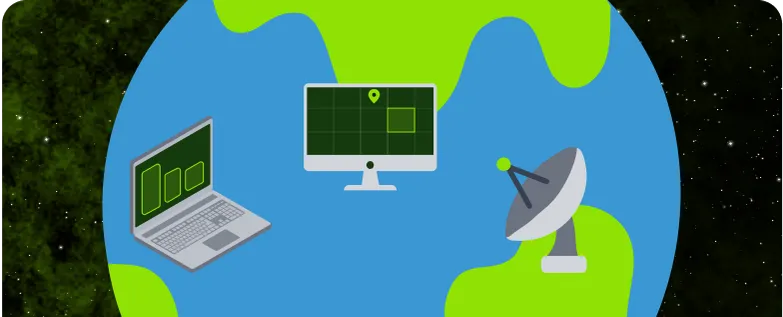 Illustration der Erde mit Laptop, Kontrollmonitor und Satellitenschüssel, Symbolbild für Bodensegment-Telemetrie in der Softwareentwicklung für Raumfahrtunternehmen