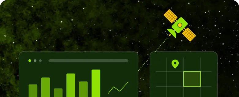 Illustration eines Satelliten, der Daten an ein Analyse-Dashboard mit Standortkarte sendet, Symbolbild für Erdbeobachtungssysteme im Kontext von Software für KRITIS