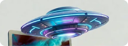 3D-Illustration eines Ufos, das aus einem Laptop-Bildschirm aufsteigt, Hero-Bild für Softwareentwicklung aus Berlin