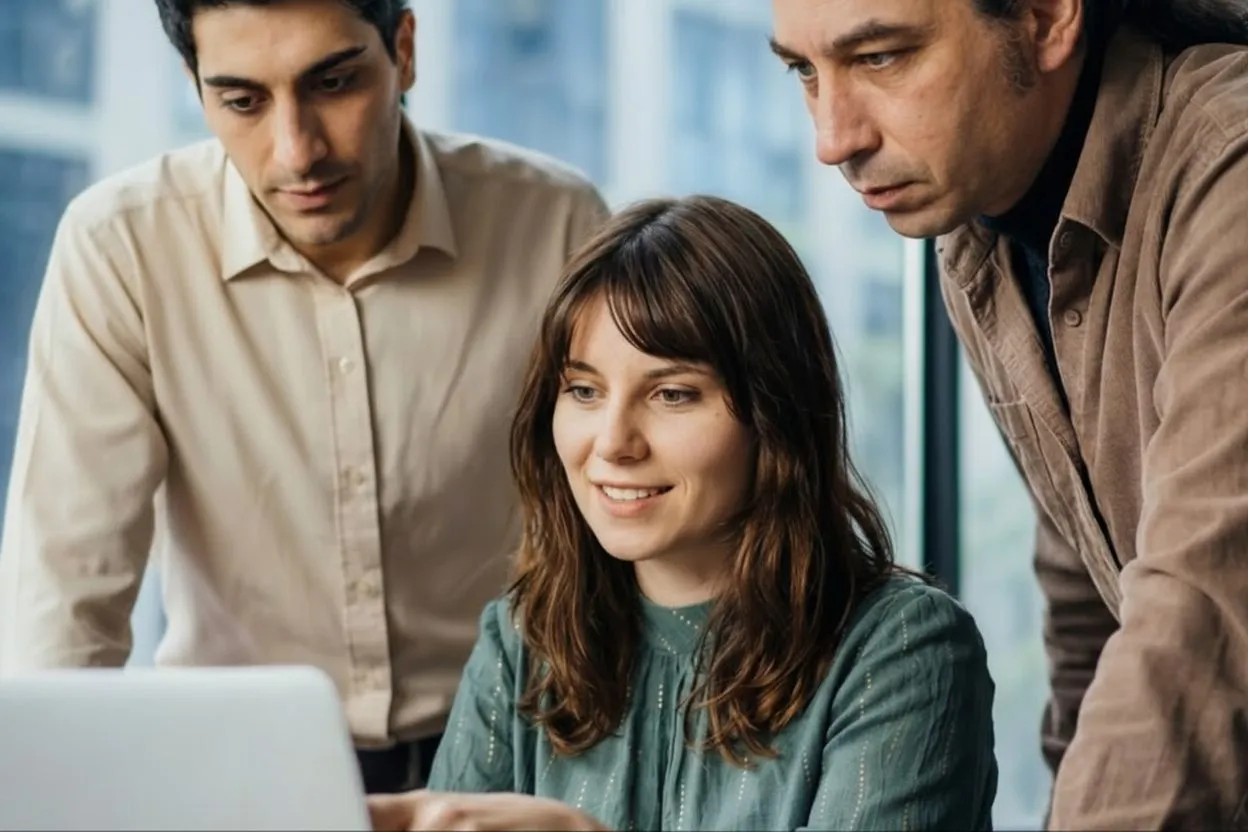 Drei Personen besprechen Preise und Aufwand eines Softwareprojekts am Laptop