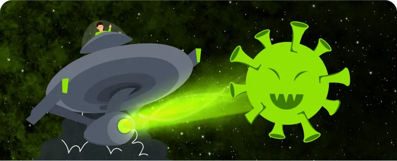 Illustration eines Raumschiffs, das ein virusartiges Objekt bekämpft, Symbolbild für automatisierten Missionsbetrieb in der Softwareentwicklung für Raumfahrtunternehmen
