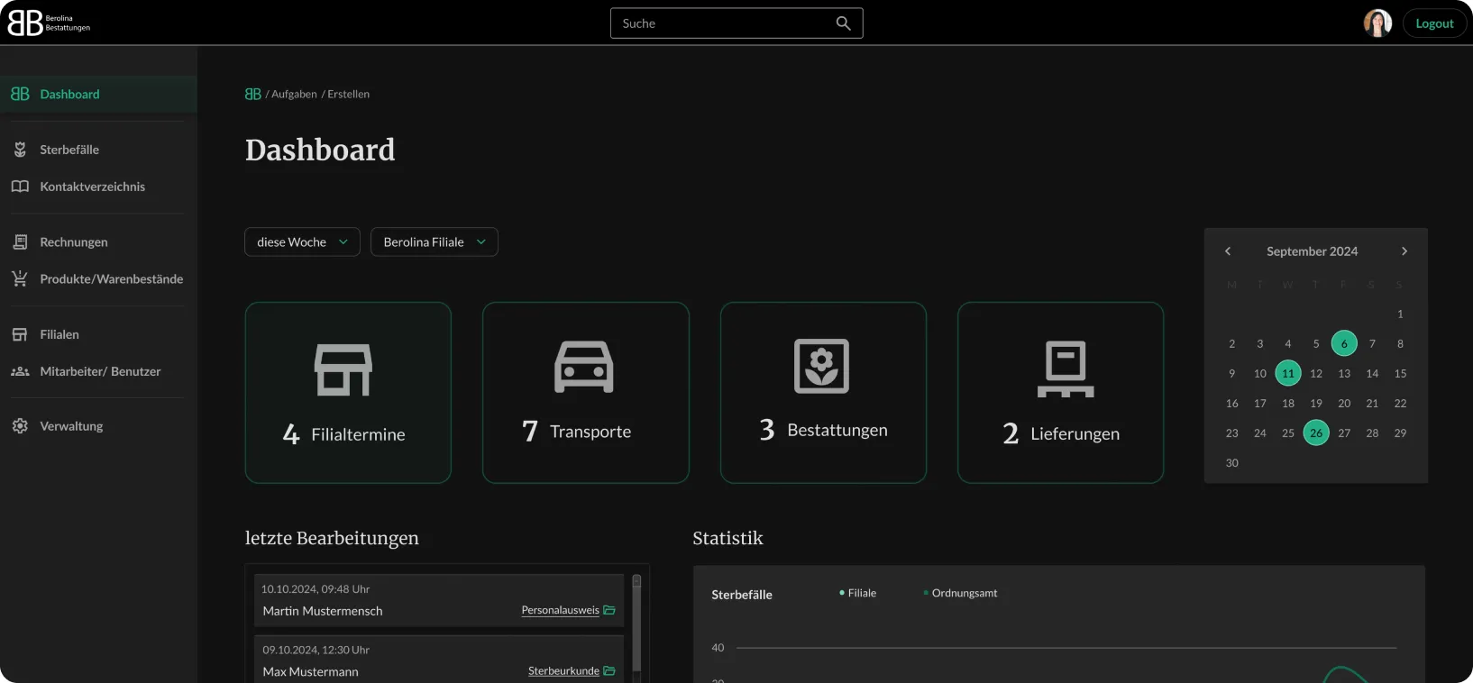 Screenshot aus dem Projekt Branchensoftware für die Durchführung von Bestattungen