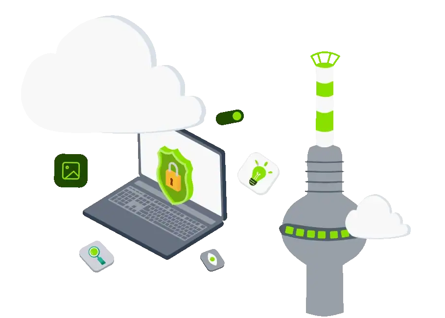 Animated illustration: laptop with a security shield, cloud and Berlin TV tower as symbols for software development in Berlin