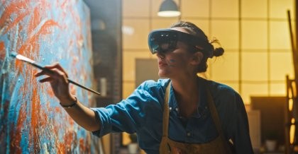 Junge Frau malt auf Leinwand. Sie trägt eine moderne Cyberbrille. Symbolbild für KI Bild Generator.