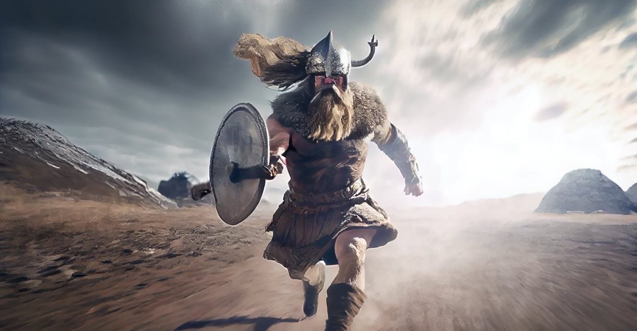 Ein digitales Gemälde: Ein Vikinger rennt auf die Kamera zu. Sein Haar weht wild. Symbolbild für einen Online-Datenspeicher für besseren Datenschutz im Unternehmen.