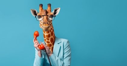 Eine Giraffe im Business-Outfit. Sie telefoniert und bietet Application Support.
