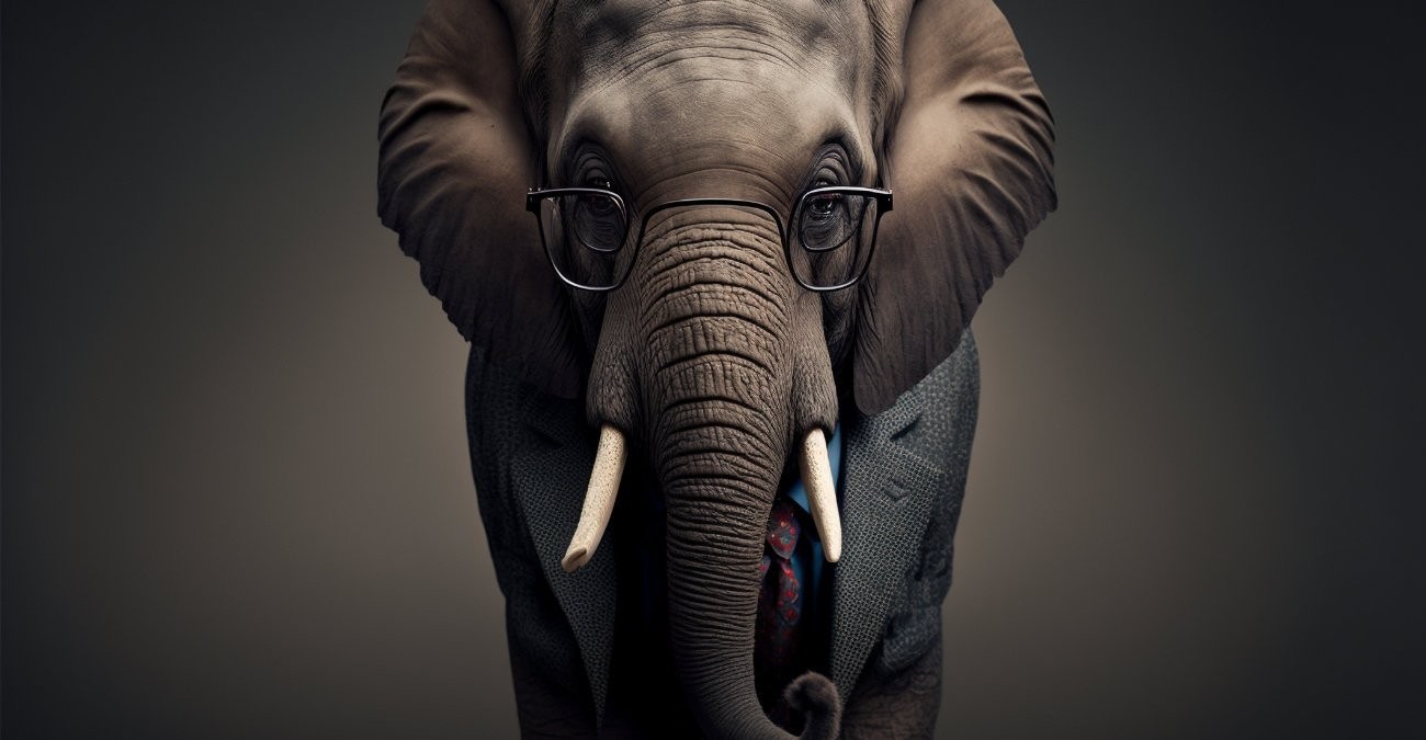 Ein Elefant trägt einen Anzug und eine Brille. Er ist Weise und blickt mit Skepsis auf die neue KI-Technologie von ChatGPT.