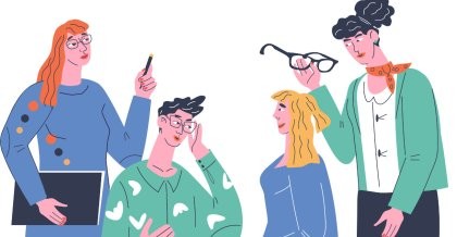 Zeichnungen von Menschen, die eine Konferenz über ihre Arbeit abhalten. Sie halten Stifte, Brillen und Notizhefte. Sie arbeiten im IT-Support.