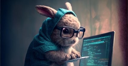 Ein cumputeranimierter Hase steht mit einem Klemmbrett vor einem PC. Er bietet Managed IT Services an.
