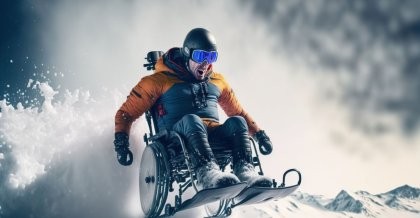 Mann mittleren Alters im Rollstuhl. Er trägt Outdoor.Kleidung udn einen Helm und rast über eine Schneepiste. Er ist querschnittsgelähmt - KI Technologie hilft ihm.