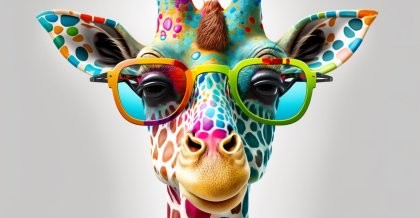 Eine bunt gefleckte Giraffe mit einer riesigen Brill. Ein Bild, das mit der Photoshop AI generiert wurde.