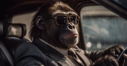 Ein Chimpanse im Business Dress sitzt am Steuer einer großen Limousine. Ein mittels KI-Technologie erstelltes Symbolbild für den KI-Winter.