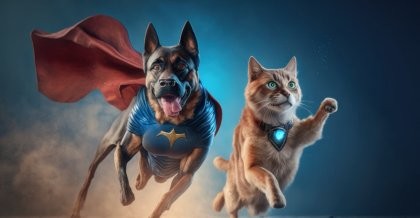 Ein animiertes Bild zeigt Katze und Hund in Superhelden-Kostümen. Symbolbild für Cyber Security Consulting und IT Security Consulting.