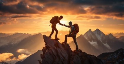 Hochgebirge. Sonnenuntergang. Ein Mann hilft dem anderen, den Gipfel zu erklimmen. Ein Symbolbild für EDV-Partner.