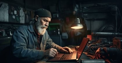 Ein Mann mit Bart und schwarzer Mütze sitzt in einer düsteren Werkstatt an seinem Notebook. Ein Symbolbild für Schatten-IT.