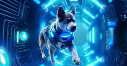 Blaues Licht. Ein Wachhund läuft durch eine Cyberwelt. Ein Symbolbild für Softwarebetreuung für Unternehmen.